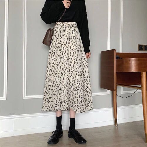 Petite floral half-body skirt, fairytale-like, slenderizing, new 2025 model, versatile, knee-length, high-waisted, long written skirt