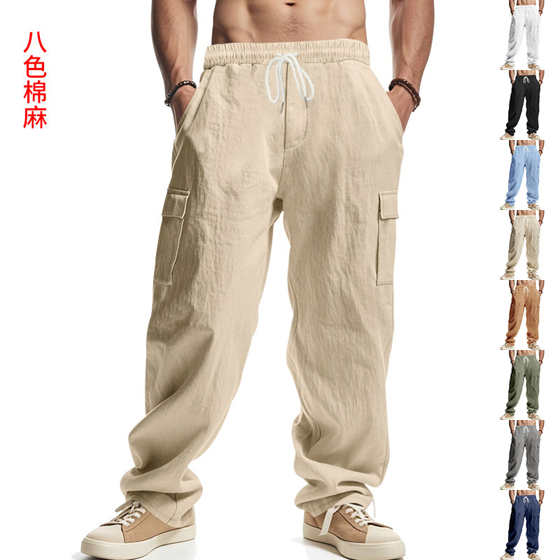 Cross-border Hot Selling American Men's Linen Four Seasons Thin Breathable Workwear Multi-pocket Loose Casual Trendy Wide-leg Pants