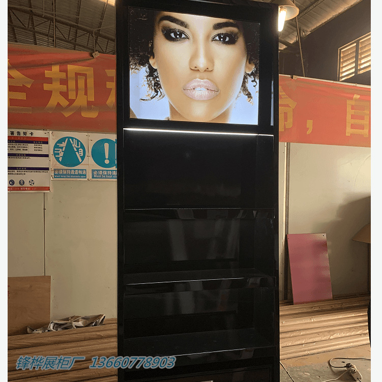 按客户店面尺寸做化妆品柜台组装旋转白色烤漆展柜