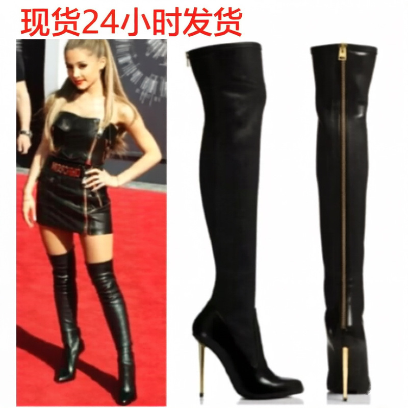 Amazon 2025 autumn and winter foreign trade new European and American style fashion solid color fine high heel metal zipper knee boots women Amazon 2025 autumn and winter foreign trade new European and American style fashion solid color fine high heel metal zipper knee boots women