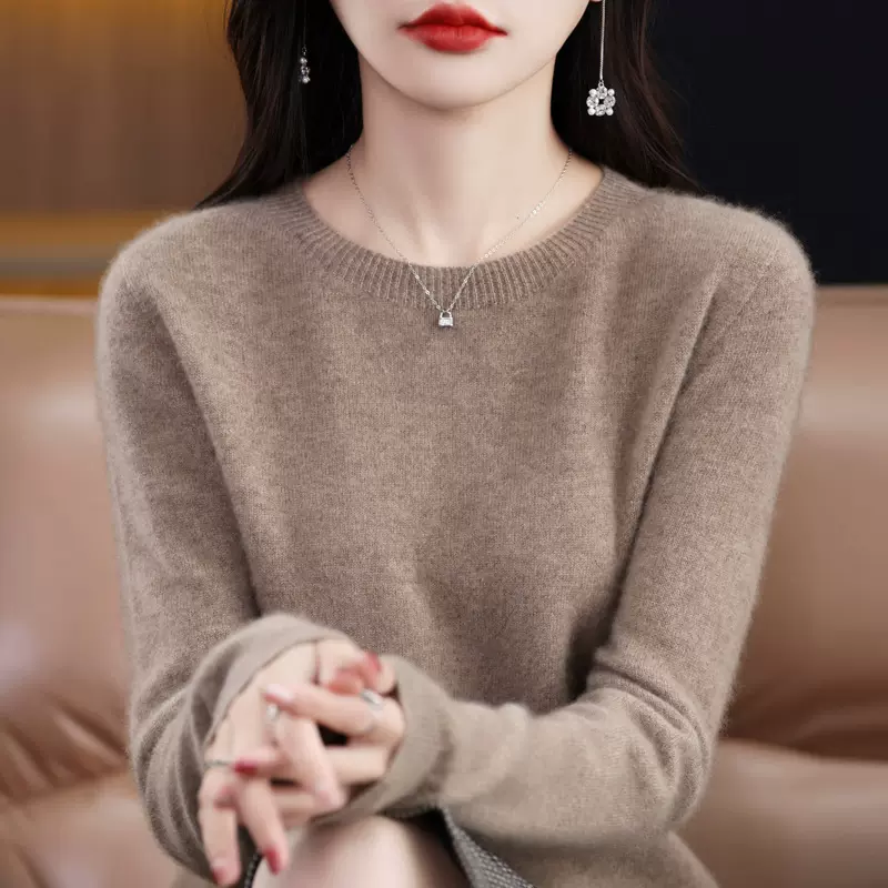 一线成衣圆领羊毛衫女秋冬新款纯色套头长袖宽松百搭针织毛衣打底