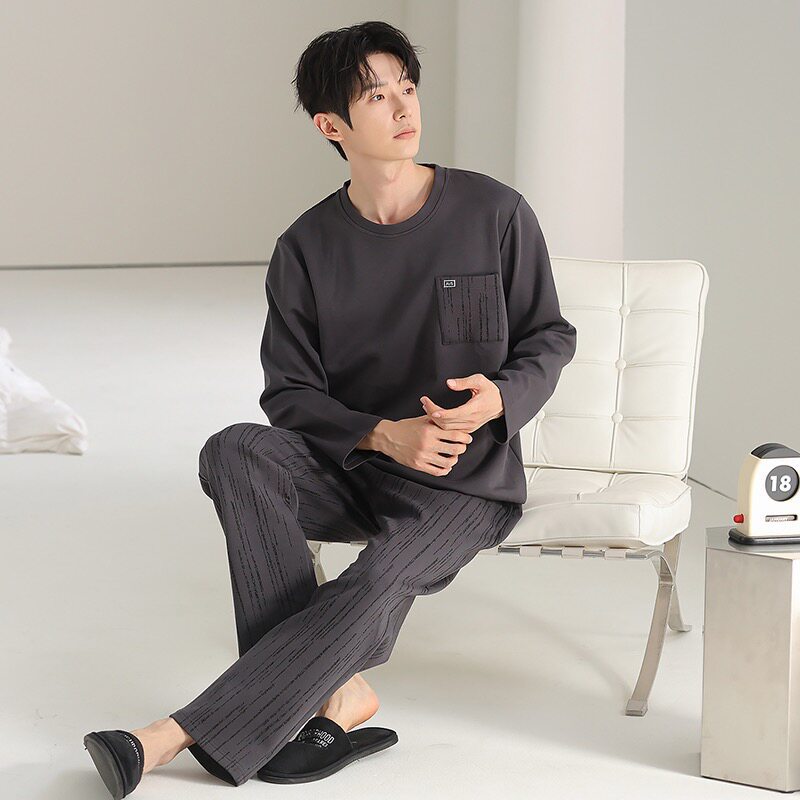 Pajamas Men's Pure Cotton Spring and Autum Simple Casual Long-Sleeved Suit Teenagers Loose Plus Size Can Be Worn Outside Home Clothes