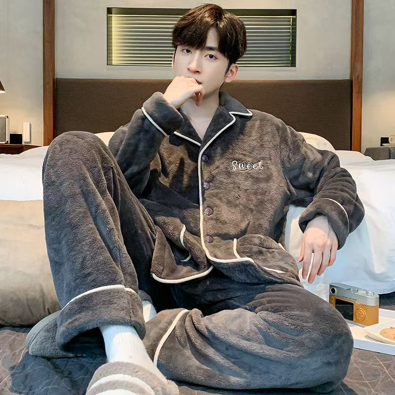 Pajamas Men's Autumn and Winter Coral Velvet Home Clothes Fleece-Lined Thickeneded Flannel Cardigan Winter Warm Winter Suit