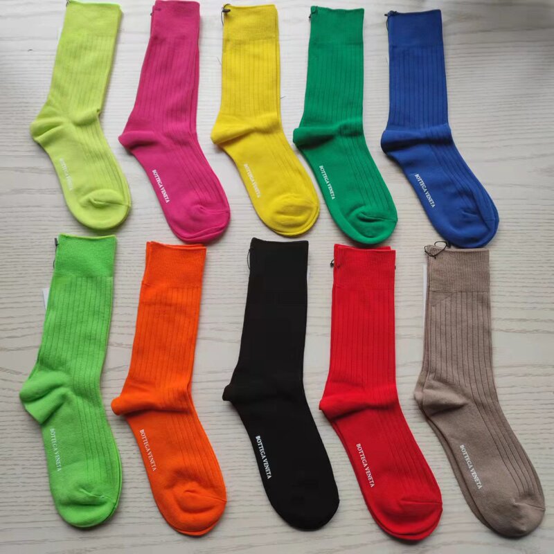 BV women's socks, solid color ribbed mid-calf socks, fine-knit candy-colored simple casual socks