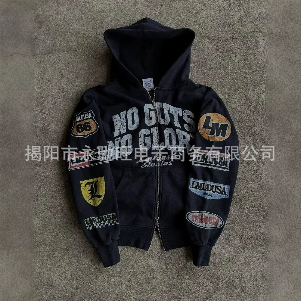 Американский ретро личность уличный хип-хоп готический принт черный толстовка на молнии