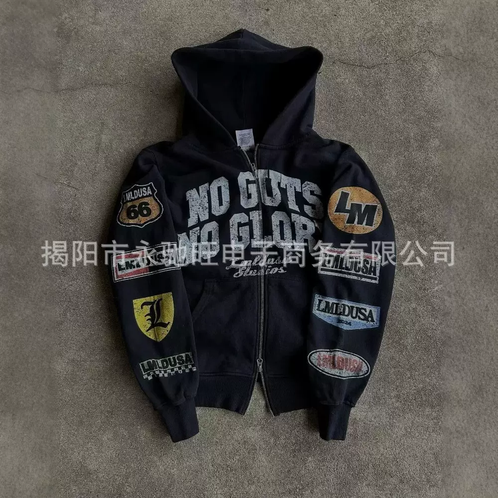 美式复古个性街头嘻哈哥特印花黑色拉链连帽衫潮流宽松外套卫衣