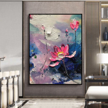 新中式纯手绘油画抽象肌理立体画花卉荷花玄关客厅油画装饰画挂画