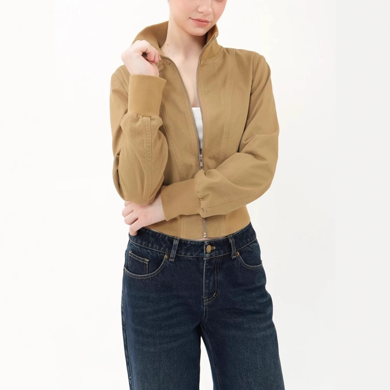 Vintage Cotton Short Washed Khaki Ribbed Jacket