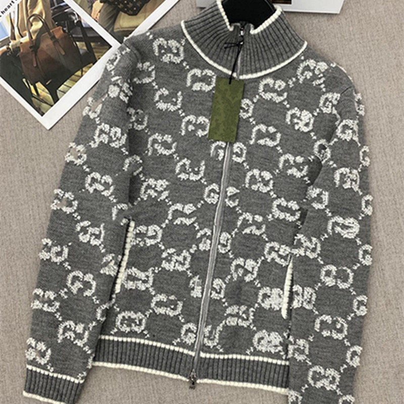 High-End Towel Embroidery Stand-Up Collar Zipper Double g Embossed Three-Dimensional Letter g Knit Wool Cardigan Unisex High-End Towel Embroidery Stand-Up Collar Zipper Double g Embossed Three-Dimensional Letter g Knit Wool Cardigan Unisex