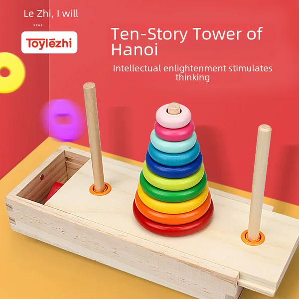 Hanoi Tower Wooden Ten-layer Rainbow Circle Children's Early Education Logical Thinking Hanoi Tower Stacked Circle Children's Educational Toys