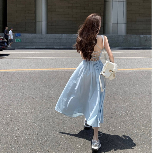 Seaside beach vacation dopamine suspender dress for women's summer one-shoulder waist backless dress strap a-line dress