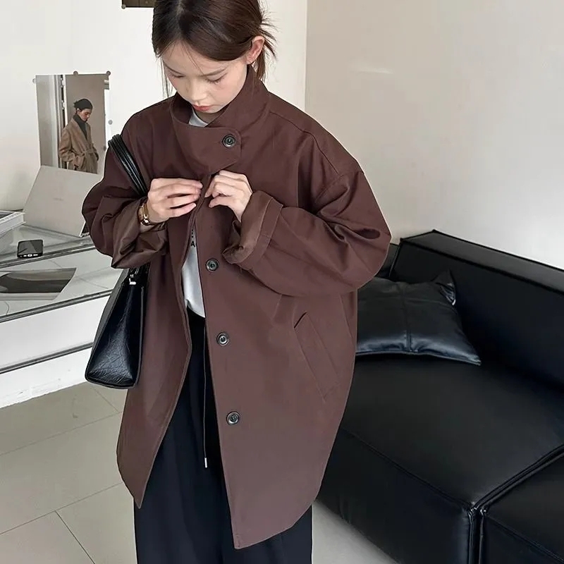 大码休闲立领中长款风衣女秋冬胖mm300斤高级感简约宽松工装外套|undefined