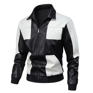 跨境批发皮衣秋季新款拼色皮衣机车服男翻领休闲黑白拼色男潮牌