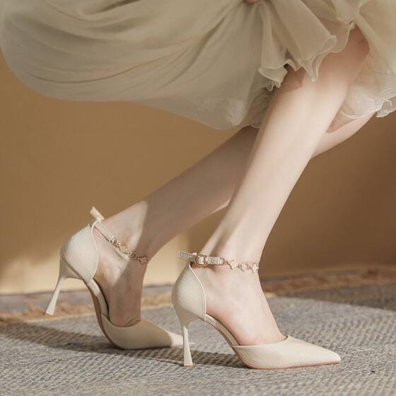 2023 New Style Women's Thin-Heeled Sandals with One-Shoes with Pointed Heel with Skirt Fairy-style Hollow Design High-heeled Shoes