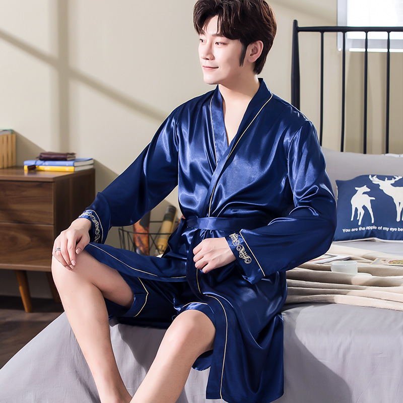 커프스가 있는 남성용 꽃무늬 가운 - 네이비 블루 반바지