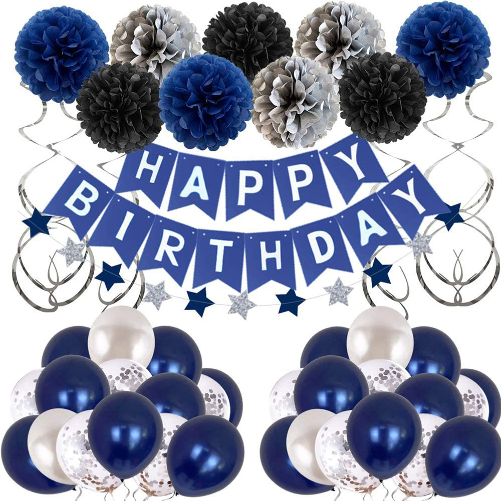 Boy girl Navy Blue Silver Birthday Party Pack Birthday Flag Cartoon Pentagram Sphere Set