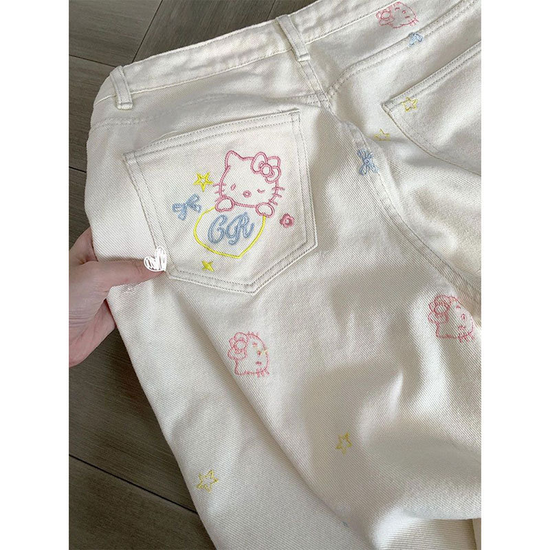 デザインアメリカンハイウエストストレートジーンズ女性用夏かわいいキティ猫刺繍スリムワイドレッグパンツ|undefined