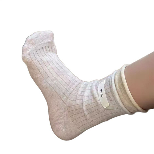 Women's Summer Vertical Striped Solid Color Mid-Calf Socks, Cute and Versatile, Rolled Edge with Fabric Label, Odor-Preventing, Thin and Breathable, Birkenstock Socks