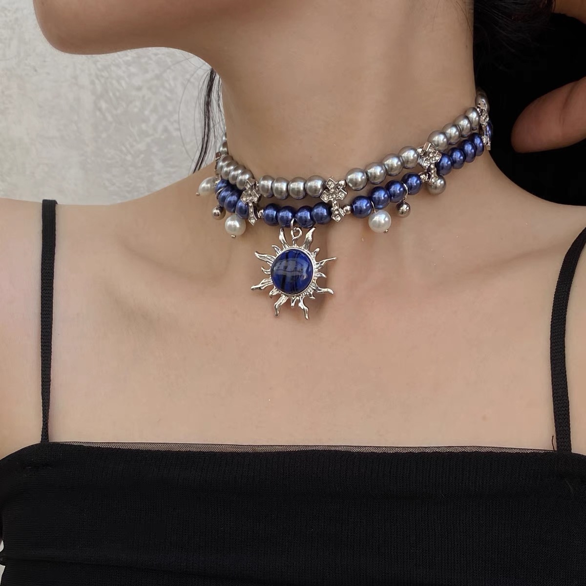 Small design blue retro necklace solar-powered from pearl for men…