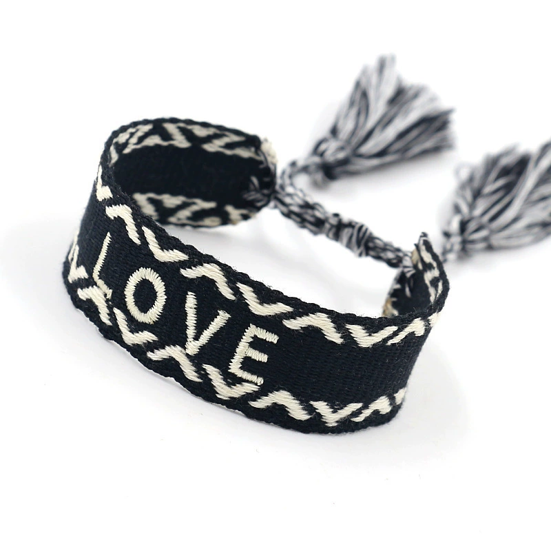 handmade woven bracelet, polyester, embroidered letters with tassels, adjustable (love)