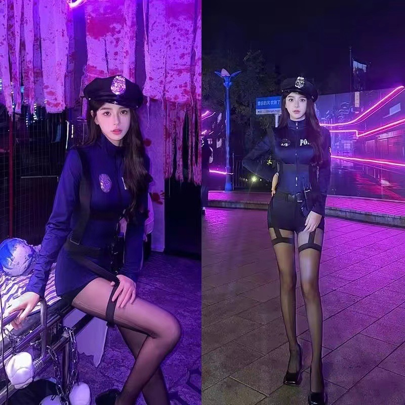 Sexy Policewoman Cosplay Uniform Set with Hat, Tight Jumpsuit, One Size — detail image 4