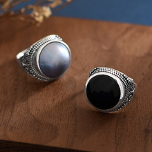 尼泊尔手工复古s925银镶嵌马贝珠小众个性设计时尚开口民族风戒指