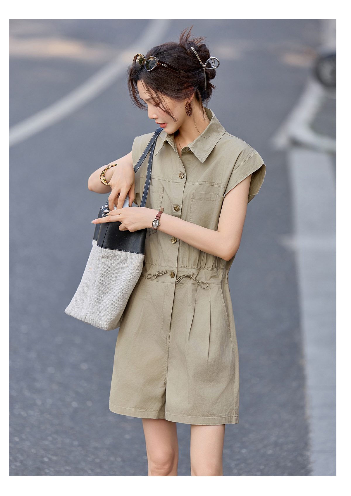 Jumpsuit nữ dáng suông tay ngắn phong cách công sở cổ điển — Quân đội xanh, màu kaki chi tiết 16