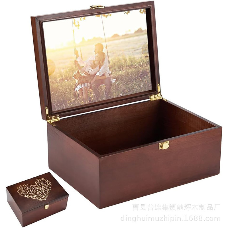Wooden memory souvenir storage box with hinged lid for photo frame decoration storage box wooden gift box