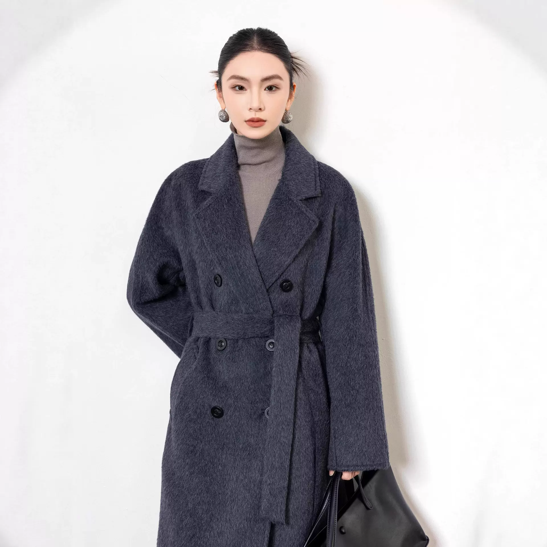 双面苏力大衣女秋冬新款双排扣系带收腰中长款高级百搭羊毛呢外