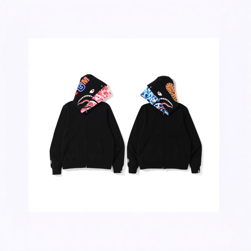 25 Popular Cross-Border Export Wholesale Trendy Brand Bape Shark Mouth Camouflage Double Hooded Sweatshirt Spring & Fall Men's and Women's Zipper Sweatshirt