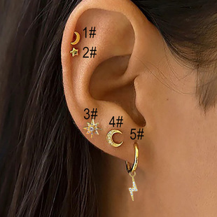European and American hot piercing stud earrings female micro inlaid zircon Sun Moon star ear bone nail stainless steel screw twist ball ear jewelry