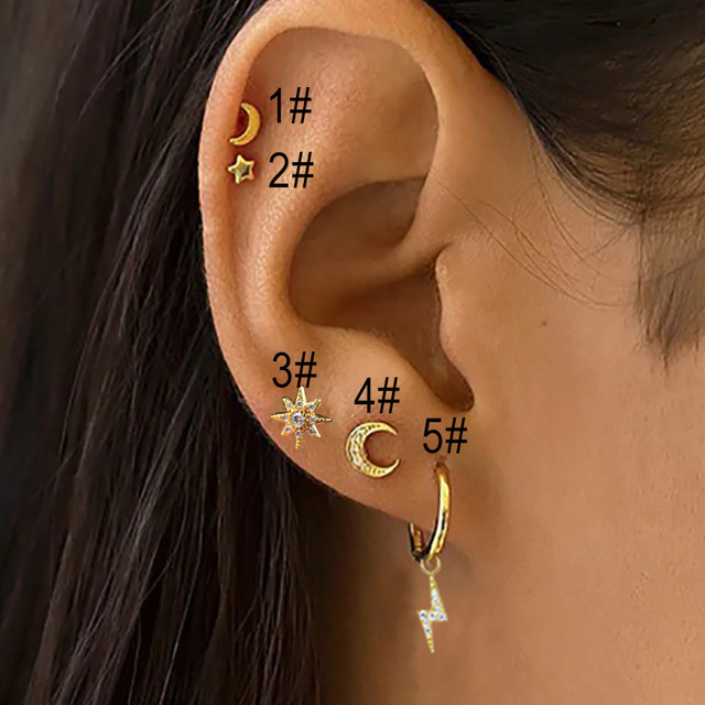 1 Piece Streetwear Star Moon Plating Inlay Copper Zircon Ear Studs display picture 1
