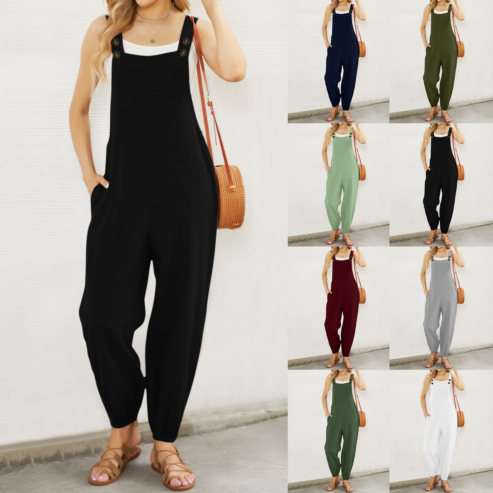 European and American style cotton and linen women's jumpsuit, solid color, waist-cinching, pocket overalls, Amazon casual suspender button skinny pants