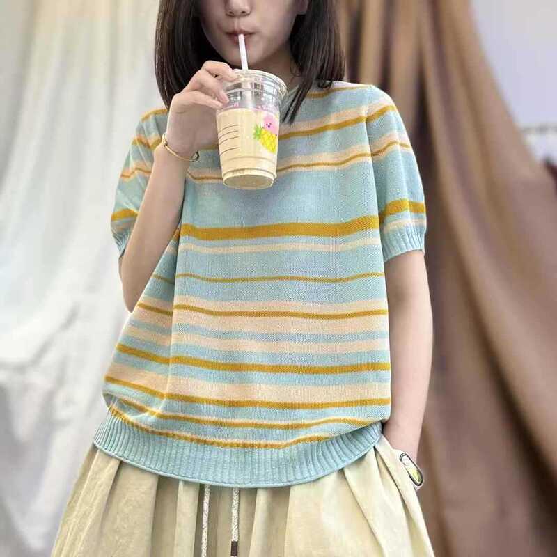 Dm Age-Reducing Fresh Elegant Round Neck Stripesd Loose Knitted Short-Sleeved T-Shirt 2025 New French Pullover Top Summer