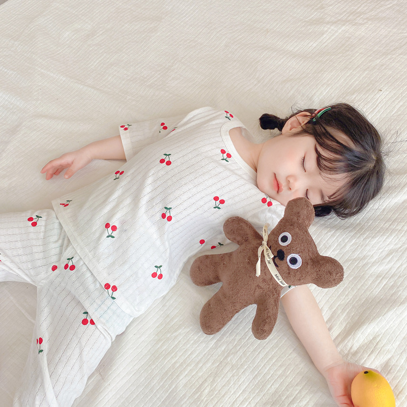夏の新型子供呼吸綿セットa類純綿ルームウェア男性可愛い通気性女の子七分袖パジャマ