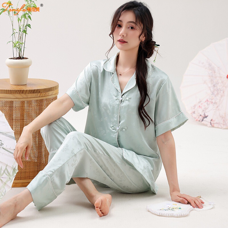 Ternif Silk Pajamas for Women, Summer Ice Silk Short-Sleeve Long Pants, Chinese Style, Cool and Suitable for Wearing Outside, Plus-Size Loungewear Ternif Silk Pajamas for Women, Summer Ice Silk Short-Sleeve Long Pants, Chinese Style, Cool and Suitable for Wearing Outside, Plus-Size Loungewear
