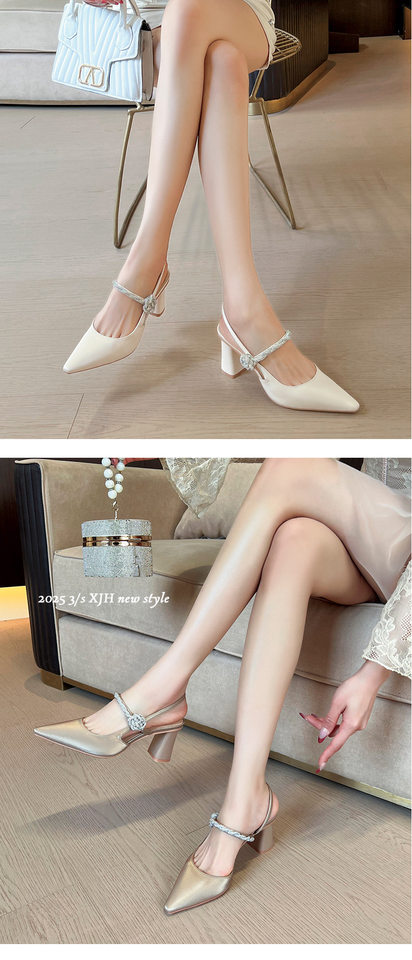 Dép sandal nữ bít mũi mũi nhọn gót thô đính đá hoa, gót 3–6 cm — Màu nâu, Màu trắng be, Màu xanh lục nhạt chi tiết 10