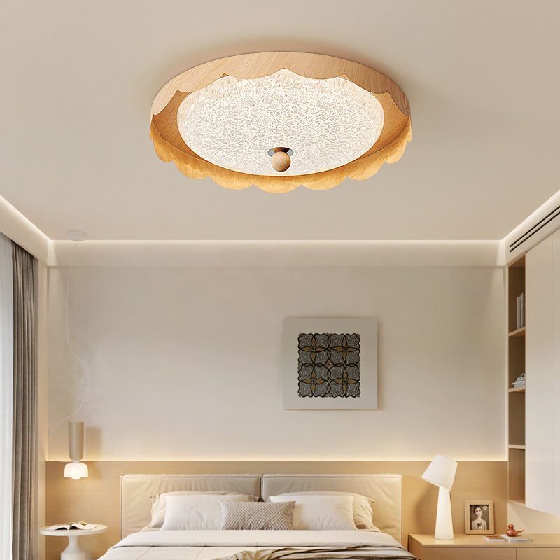 Lámpara de dormitorio, luz de techo de dormitorio principal de estilo antiguo, luz de techo de habitación de protección ocular de grano de madera de nogal redonda minimalista