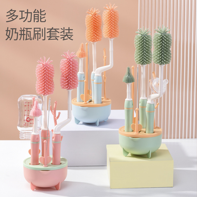 Baby-Specific Silicone Bottle Brush Three-Color Long-Handled Cleaning Brush Combination 360-Degree Rotating Cleaning Bottle Brush Set