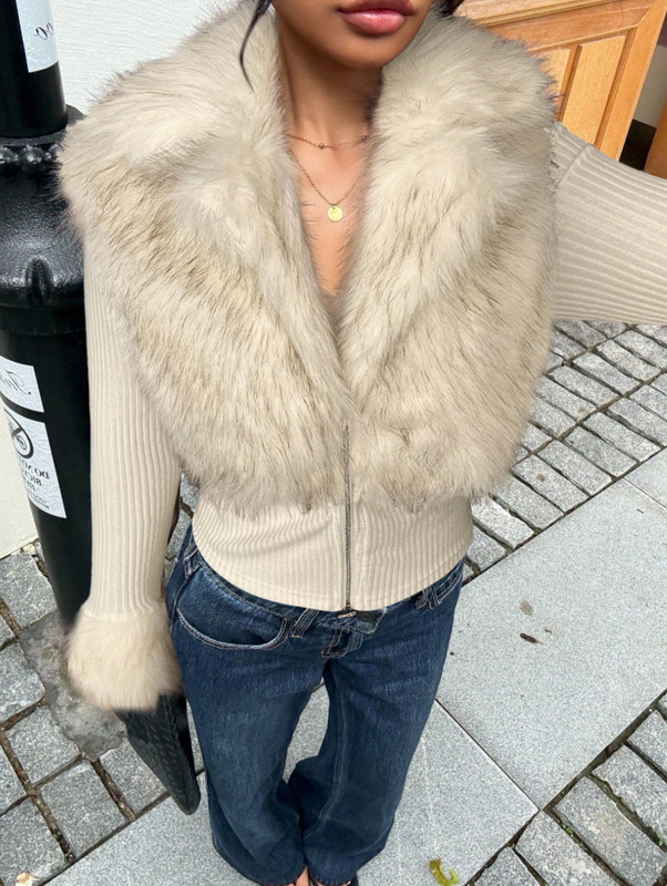 跨境y2k欧美毛绒拼接开衫卫衣秋冬百搭休闲修身拉链外套针织衫|undefined