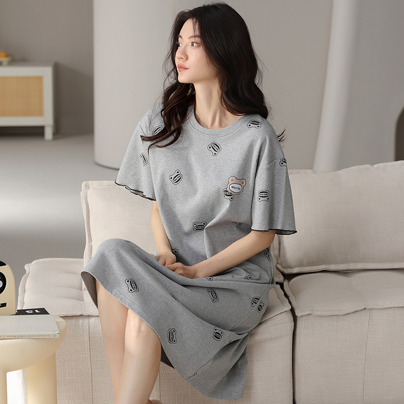 Short-Sleeved Pure Cotton Nightgown for Women Summer Korean Style Loose Casual Thin Women's Cotton Pajamas Maternity Dress Summer