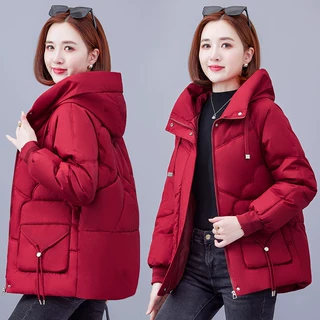 日常休闲连帽短款棉服女抽绳口袋女生冬季加厚保暖女装外套