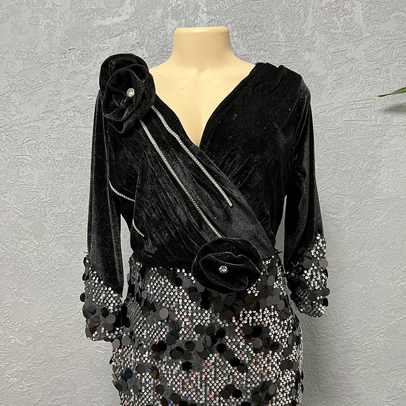 Damenbekleidung Mode schlanke Samt Pailletten Abendkleid Kleid_voghion.com