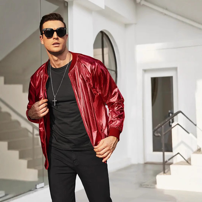 2025 Men's Shiny Metallic Jacket 70S Disco Christmas Party Varsity Jacket Zipper Baseball Jacket