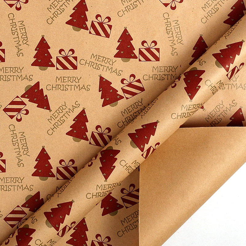 Papel de regalo navideño en rollo grande, éxito de ventas transfronterizo, papel kraft amarillo vintage ecológico para manualidades de árboles de Navidad.