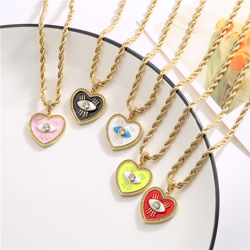 Hecheng Ornament Autumn and Winter New Dripping Oil Love Eyes Peach Heart Zircon Necklace Stainless 
