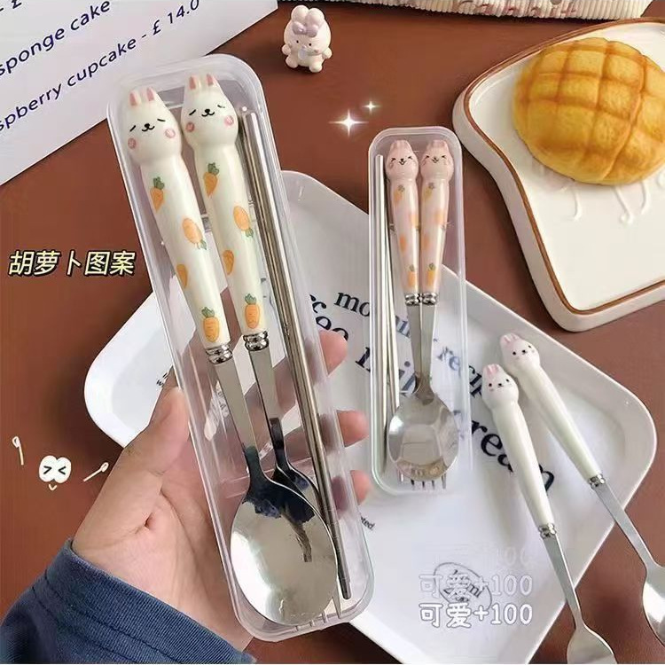 Stainless Steel Three-piece Convenient Rabbit Cartoon Tableware Student Cute Outdoor Spoon Fork Chopsticks Box Gift suit Stainless Steel Three-piece Convenient Rabbit Cartoon Tableware Student Cute Outdoor Spoon Fork Chopsticks Box Gift suit