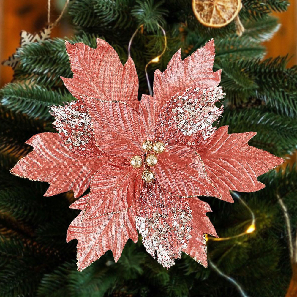 12 flores de Navidad en stock flores de polvo de oro accesorios de guirnaldas de árbol de Navidad colgantes de flores de decoración de Navidad flores falsas