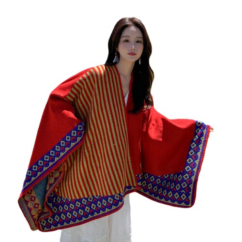 Qinghai Lijiang Xinjiang travel ethnic style shawl striped red cloak autumn and winter slit scarf thickened new fashion
