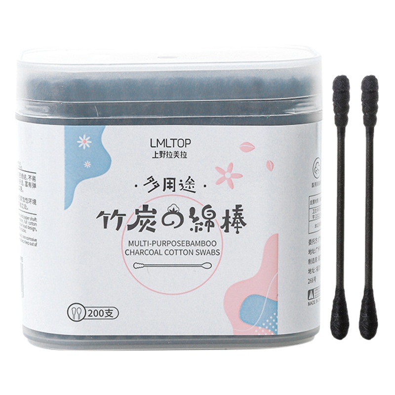 LMLTOP 200 hisopos de algodón de carbón de bambú espiral desechable de doble cabeza de maquillaje negro hisopos de algodón de limpieza A653